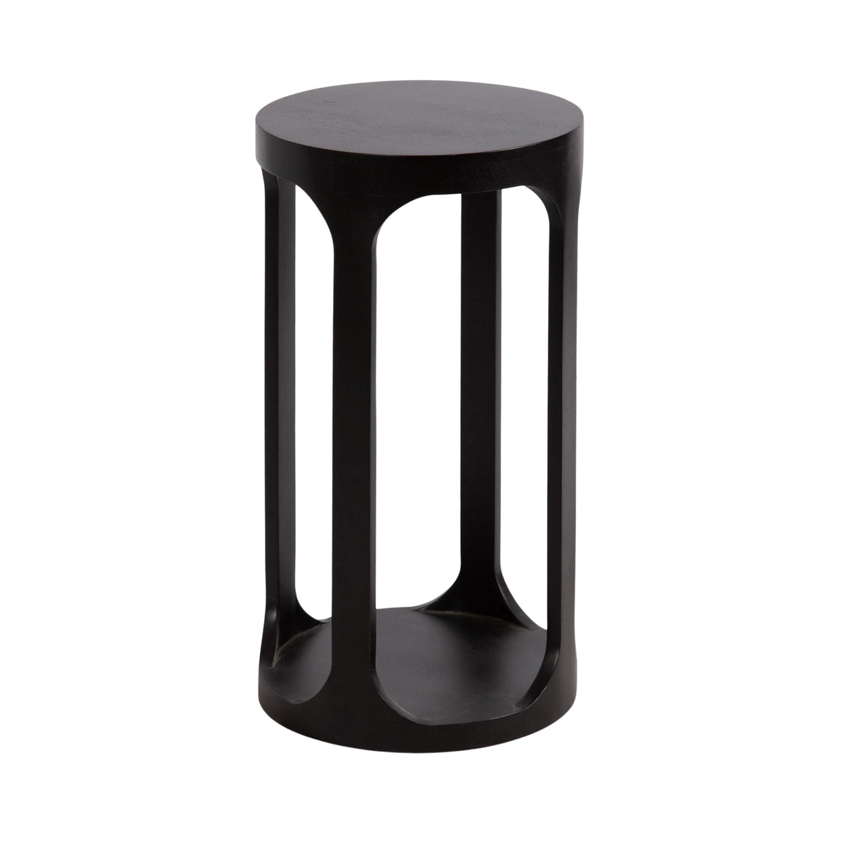 Inspired Saarinen Style Dahl Modern Slatted Wooden Round Drink Table; 12 x 23; Black; Transitional Wood Accent Pedestal Table for Use as
