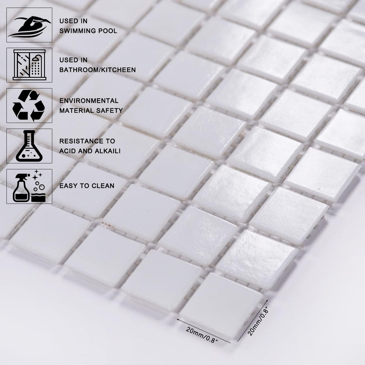 11.5 sq.ft White Glass Mosaic Tile , Pool, Kitchen Backsplash