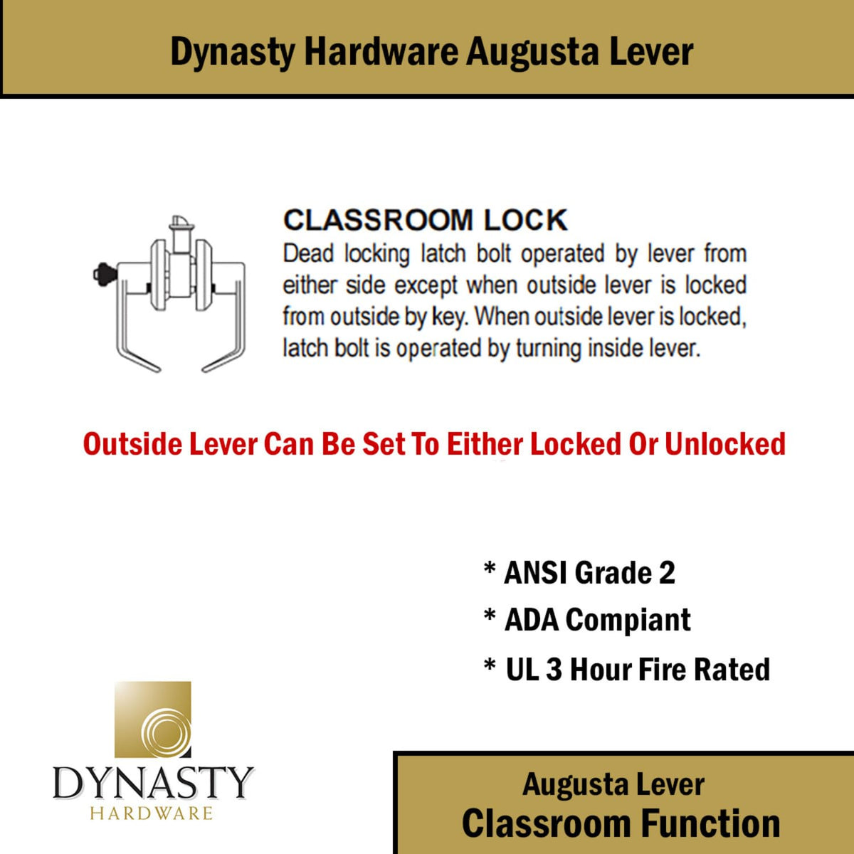 Augusta Classroom Lever Lockset, ADA, Grade 2, Flat Black