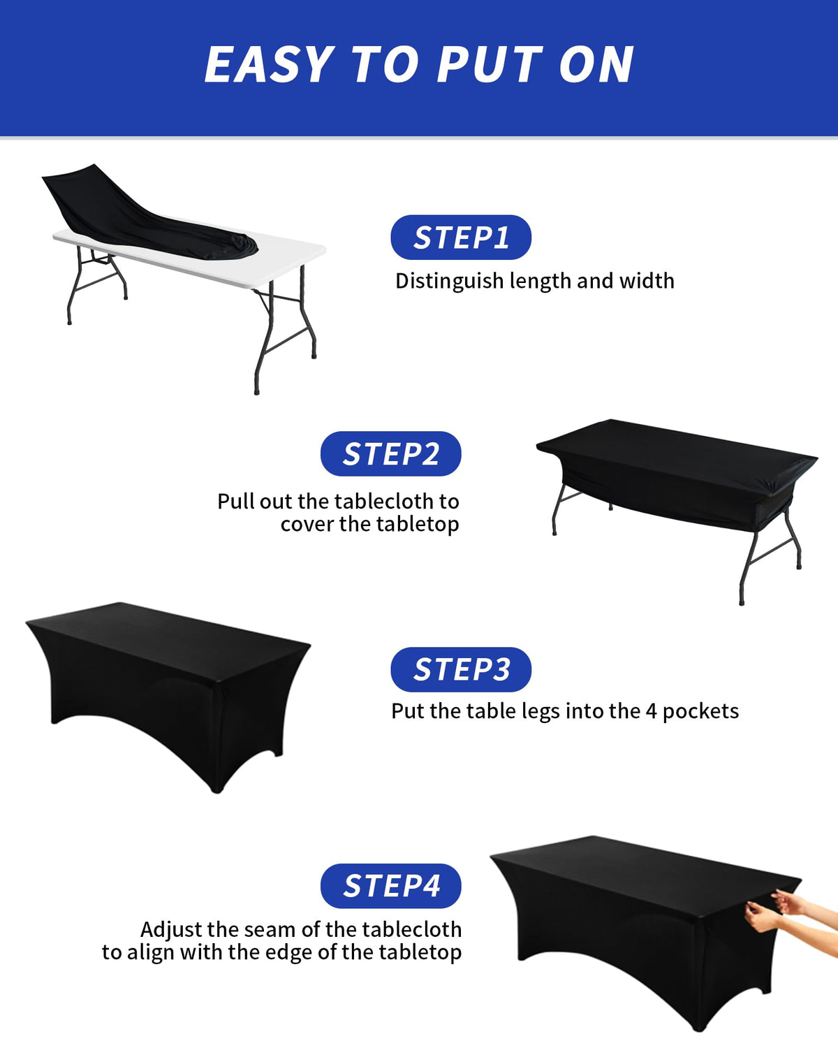 2 Pack 8FT Black Tablecloth Rectangle Spandex Fitted Table Cover