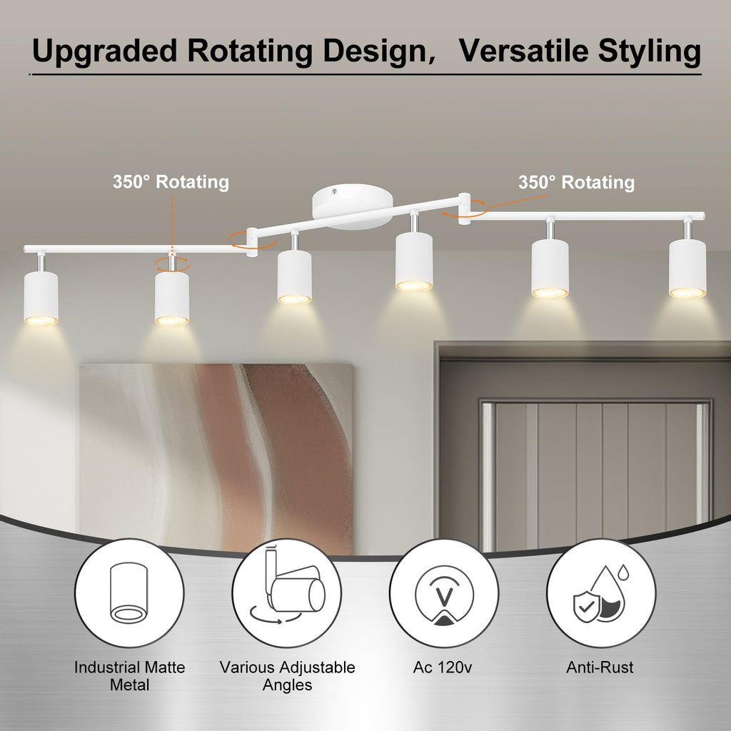 6 Light Track Lighting Fixtures Ceiling, Matte White Kichen Track Lighting Fixtures with Rotatable Light Heads