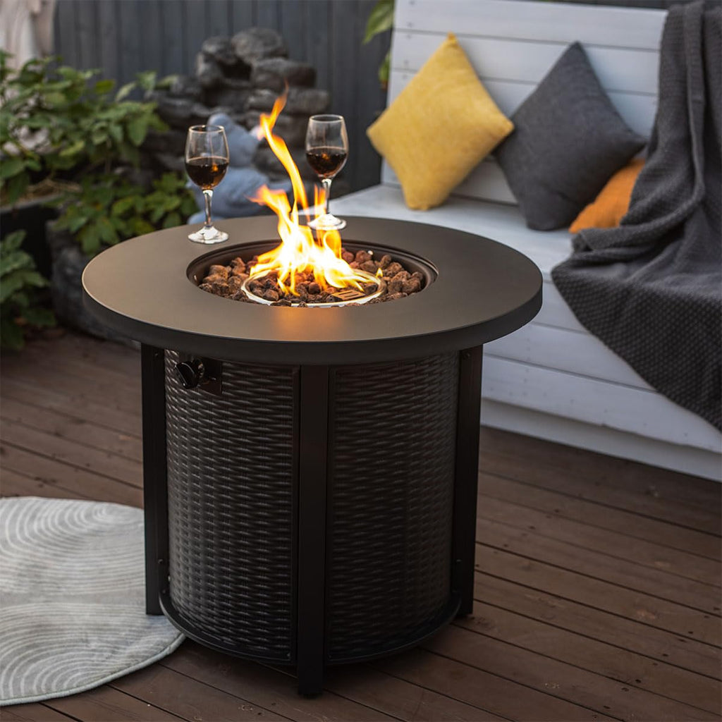 30'' Round Propane Fire Pit Table, 50, 000 BTU Steel Gas FirePit for Outdoor, Fire Table with Lid, Add Warmth &