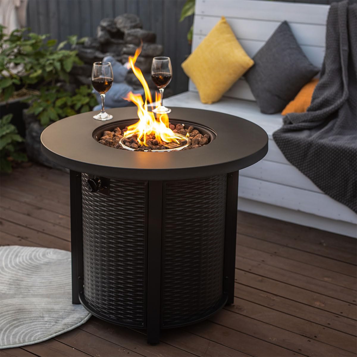 30'' Round Propane Fire Pit Table, 50, 000 BTU Steel Gas FirePit for Outdoor, Fire Table with Lid, Add Warmth &
