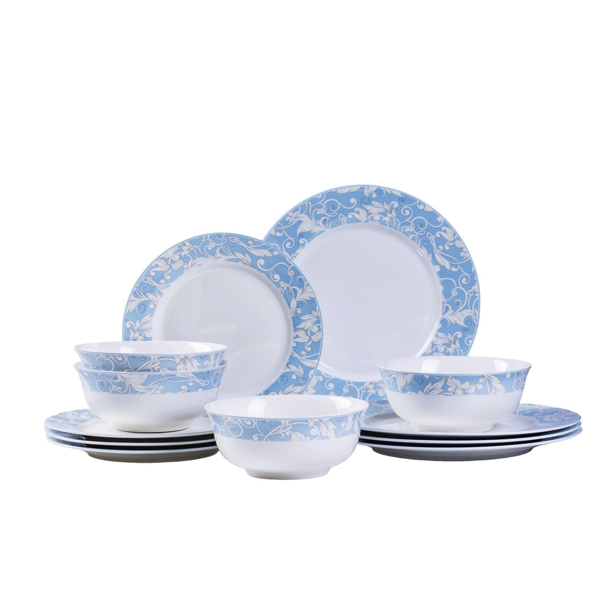 Bone China Dinnerware Set for 4, 12 Pcs White Plates and Bowls, Blue Rim