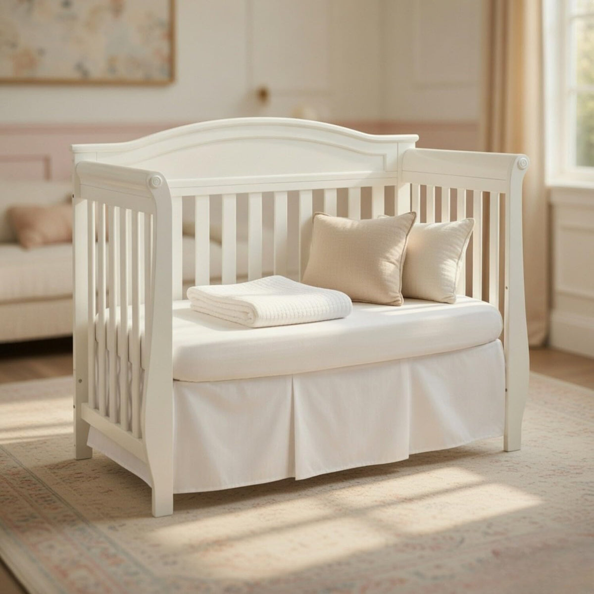 White Pleated Crib Skirt; 100% Natural Cotton Nursery Crib Bedding Skirt for Baby Boys and Girls; Crib Dust Ruffle