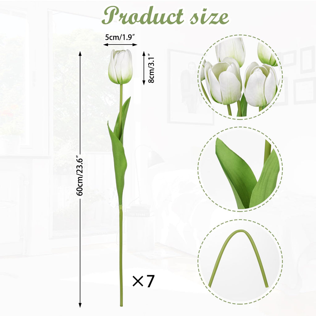 Artificial Tulips - 24" Long Stem Faux Tulips, 7PCS Real Touch Fake White Tulip for Vase, Farmhouse, Kitchen, Spring