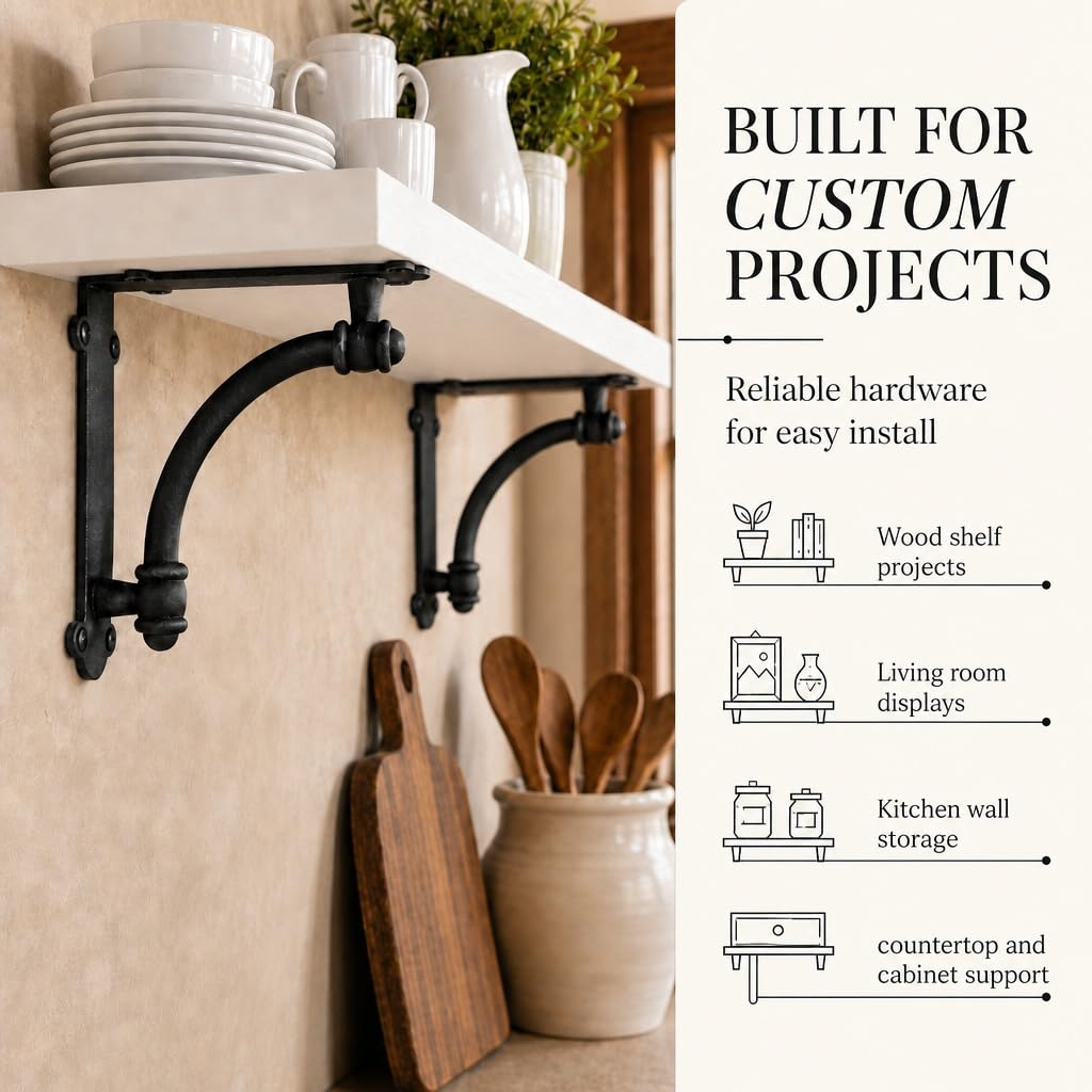 Decorative Shelf Brackets, 2 Pack of 9.6 x 1.7 x 9.6 inch Black Cast Iron Shelf Brackets - Decorative Brackets for