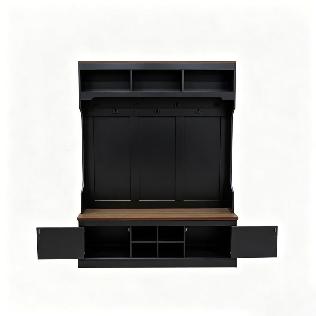 Farmhouse 71''H Hall Tree with Wooden Bench Seat, 5-in-1 Entryway Storage Organizer Cabinet with Bench and Shoe