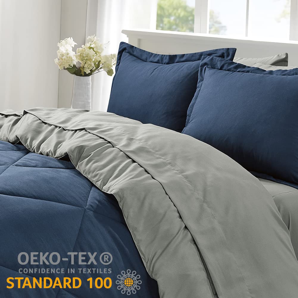 Comforter Bed Set, 7-Piece Reversible Bed in a Bag, Navy and Gray