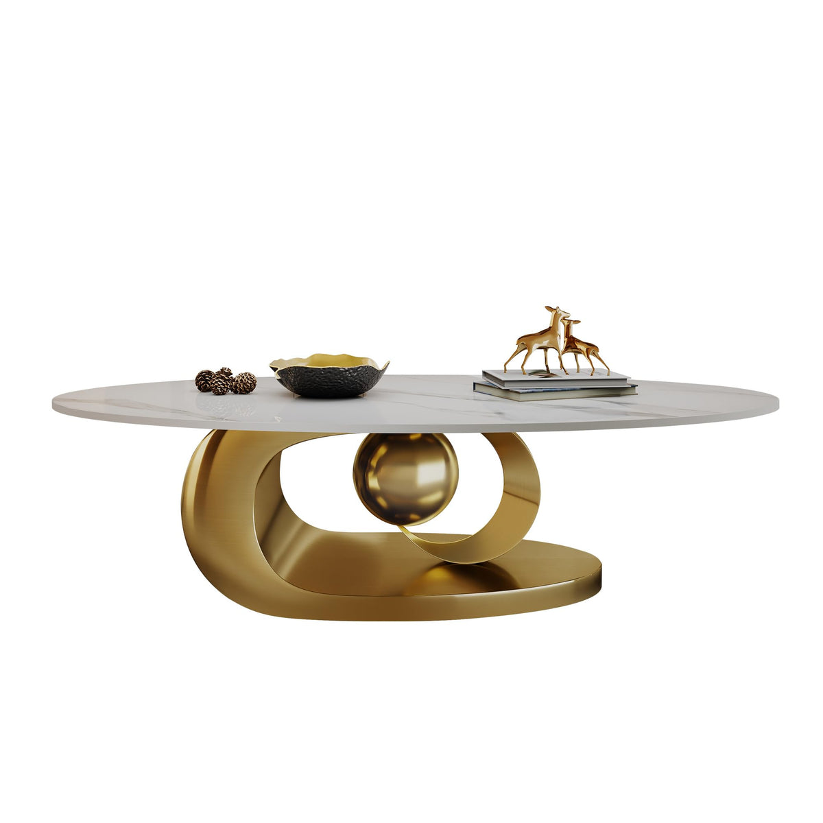Inspired Saarinen Style Modern Coffee Table with Gold Stainless Steel Pedestal, Oval