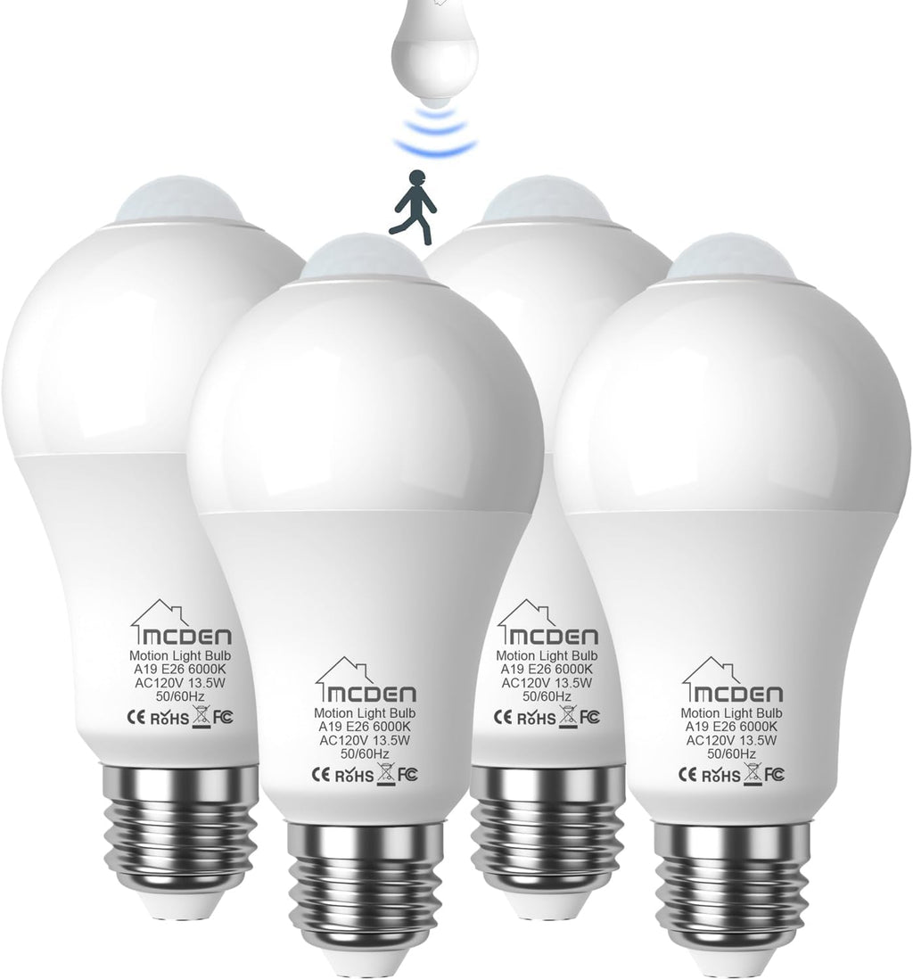 Motion Sensor Led Light Bulbs, 100W Equivalent E26 6000K 13.5W 120V, 4Pack