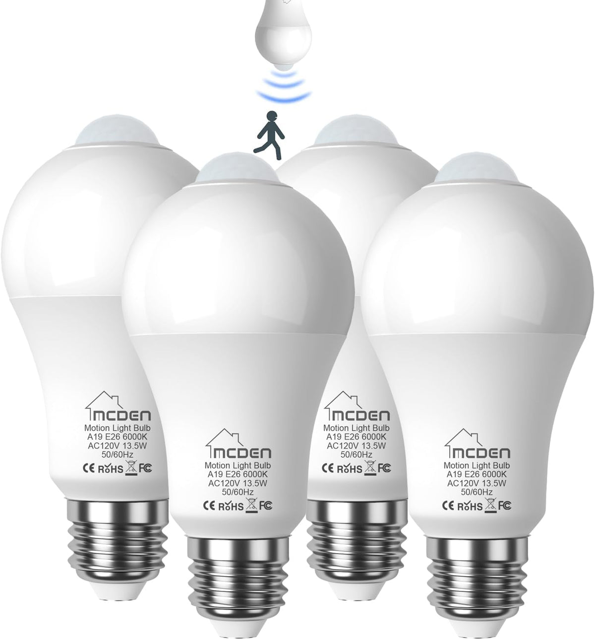 Motion Sensor Led Light Bulbs, 100W Equivalent E26 6000K 13.5W 120V, 4Pack