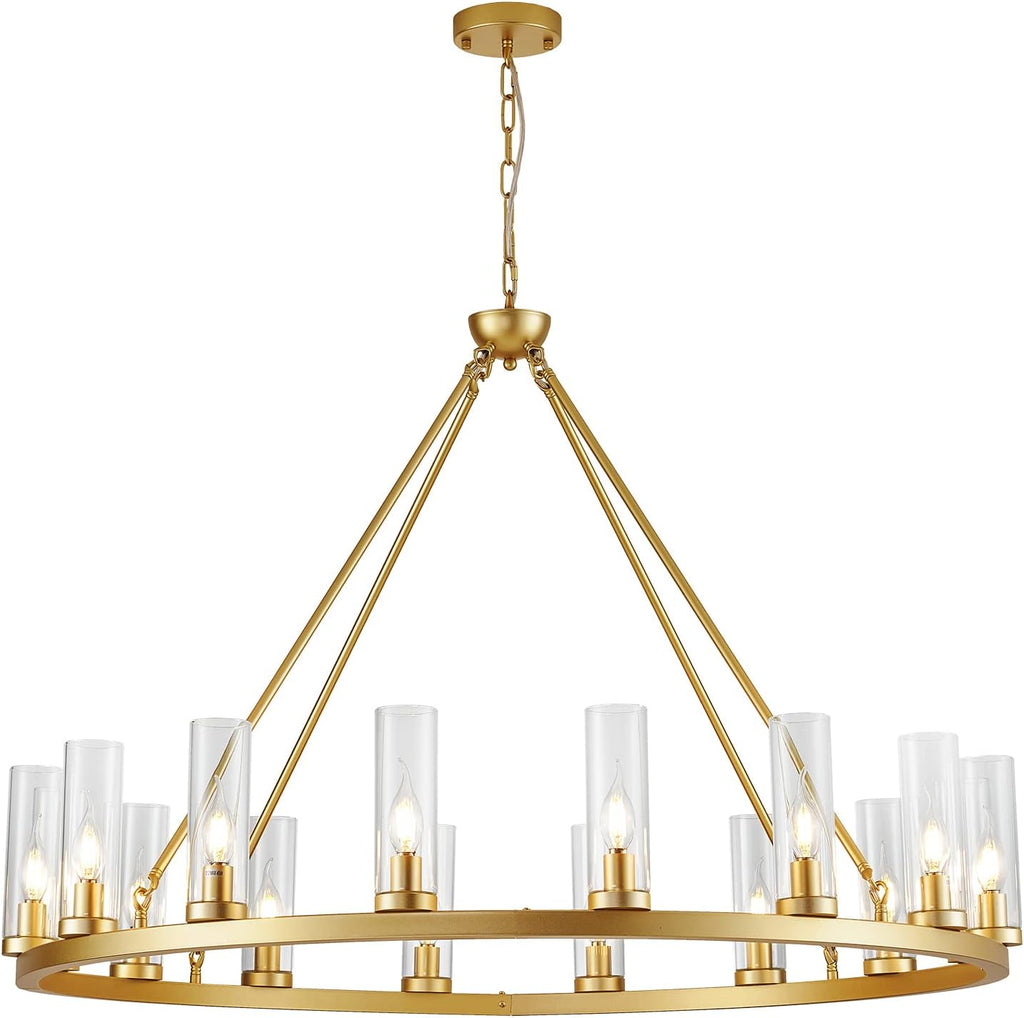 Inspired Ravelle Style Farmhouse Wagon Wheel Chandelier,D42 16 Light Gold Industrial Rustic Chandelier Lighting, Round Kitchen Island Pendant Light with Clear Glass (42in-16 Lights)