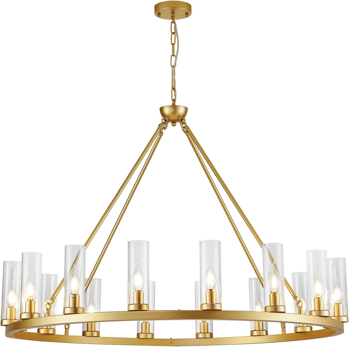Inspired Ravelle Style Farmhouse Wagon Wheel Chandelier,D42 16 Light Gold Industrial Rustic Chandelier Lighting, Round Kitchen Island Pendant Light with Clear Glass (42in-16 Lights)