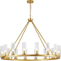 Inspired Ravelle Style Farmhouse Wagon Wheel Chandelier,D42 16 Light Gold Industrial Rustic Chandelier Lighting, Round Kitchen Island Pendant Light with Clear Glass (42in-16 Lights)