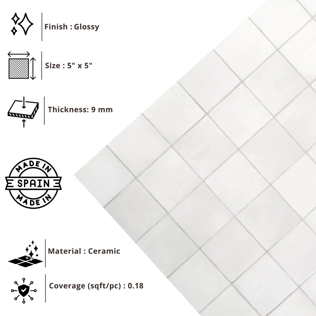 5x5 Glossy White Zellige Look Ceramic Wall Tile - Handmade Style Square Field Tile (4 Pieces)