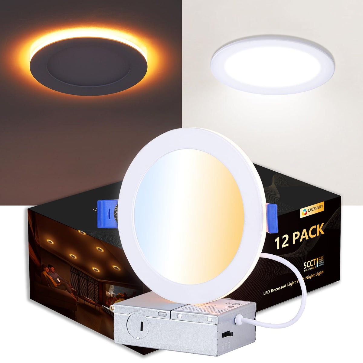 6 Inch LED Recessed Lighting with Night Light, 12 Pack, Dimmable