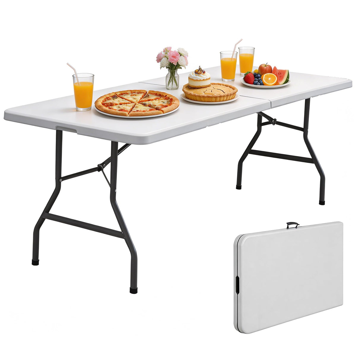 Indoor Outdoor 8ft Heavy Duty Folding Table - Portable Plastic Top w/Steel Legs & Handle for Camping, Picnics