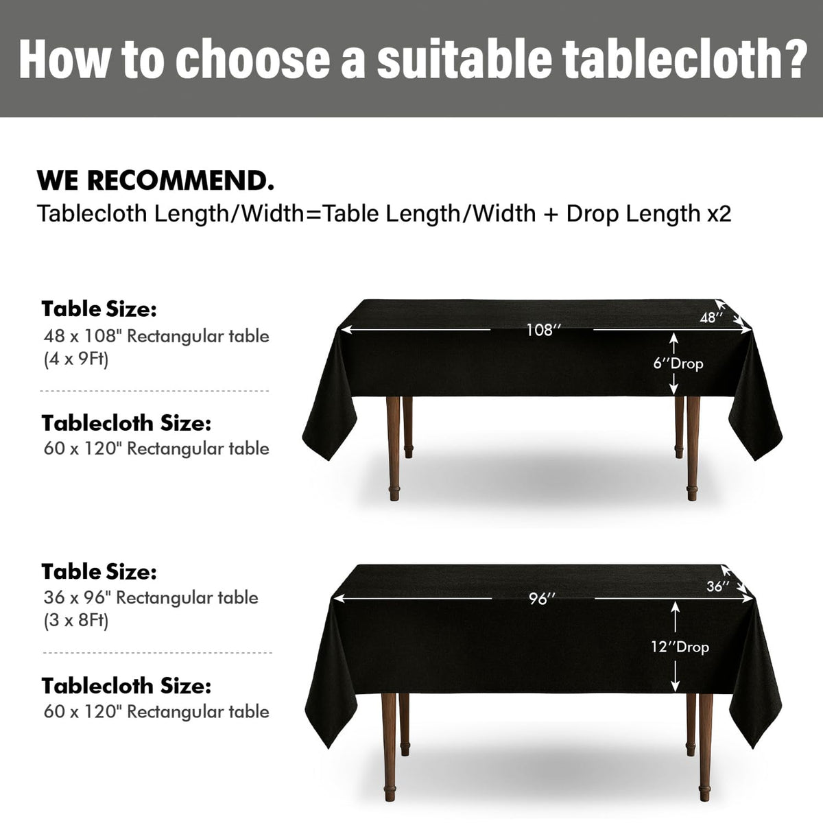 Linen Textured Rectangle Tablecloth 60 x 120 Inch Natural Black