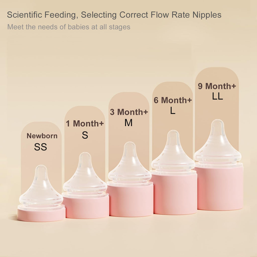 Natural Glass Baby Bottle 4 Pack, Newborn Breastfeeding Bottles Set, Extra Slow Flow Nipples (SS), Anti Colic, 0