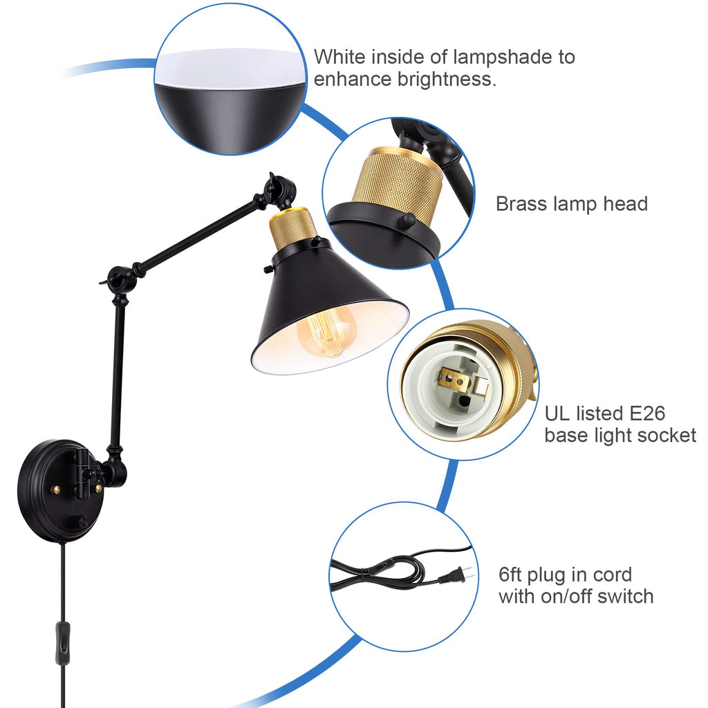 Plug in Wall Sconces, Dimmable Wall Sconce Swing Arm Wall Lights Plug in, Adjustable Wall Mounted Light Wall Lights