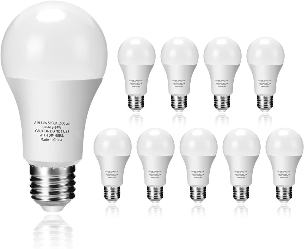 A19 14W LED Light Bulbs 100W Equivalent, 1500 Lumens CRI 90+ Daylight 5000K, E26 Standard Base, Non-dimmable AC 120V