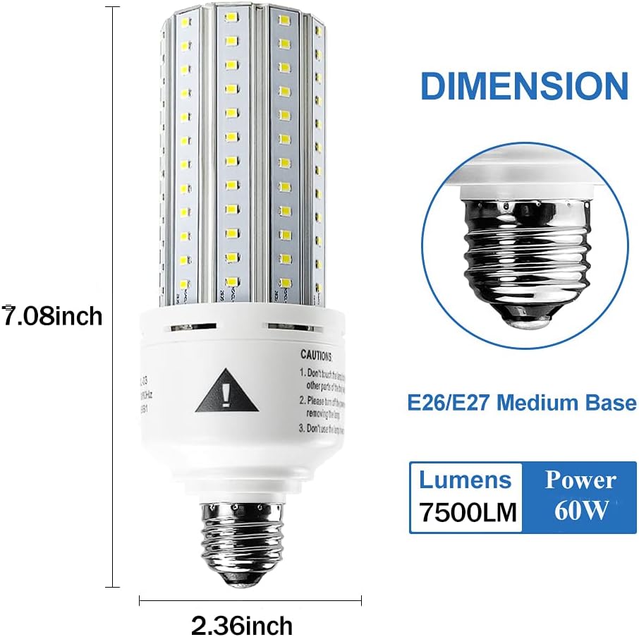 ZP 2 Pack Led Light Bulb 500W Equivalent 7500 Lumen 5000K E26/E27 Medium Base 60W led Bulb for Outdoor Indoor Lamp