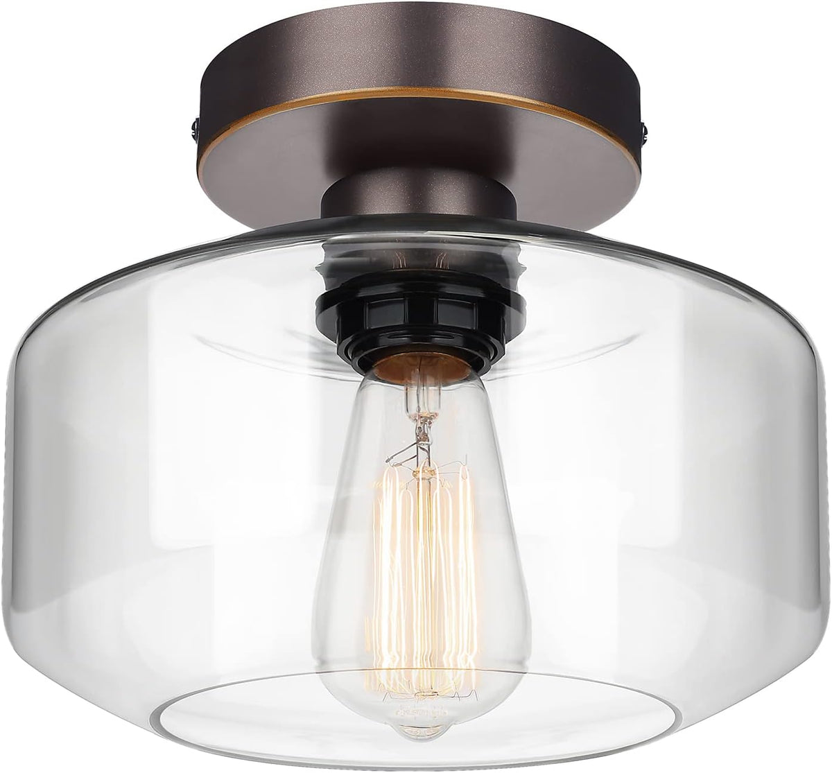 Industrial Semi Flush Mount Ceiling Light, Clear Glass Pendant Lamp Shade, Oil Rubbed Bronze Farmhouse Lighting