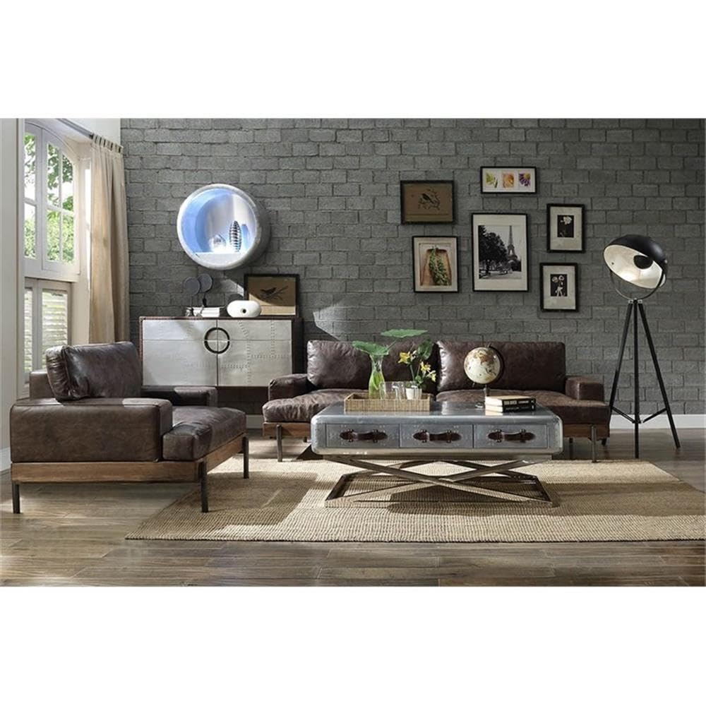 Leather Loveseat Sofa in Oak & Distress Chocolate Vintage-Industrial Style Sofa with Top Grain Leather Upholstery