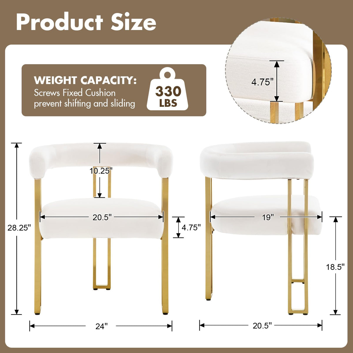 Beige and Gold Modern Dining Chairs Set of 2, Velvet Upholstered Barrel Armchairs with Metal Legs Island, Mid Century