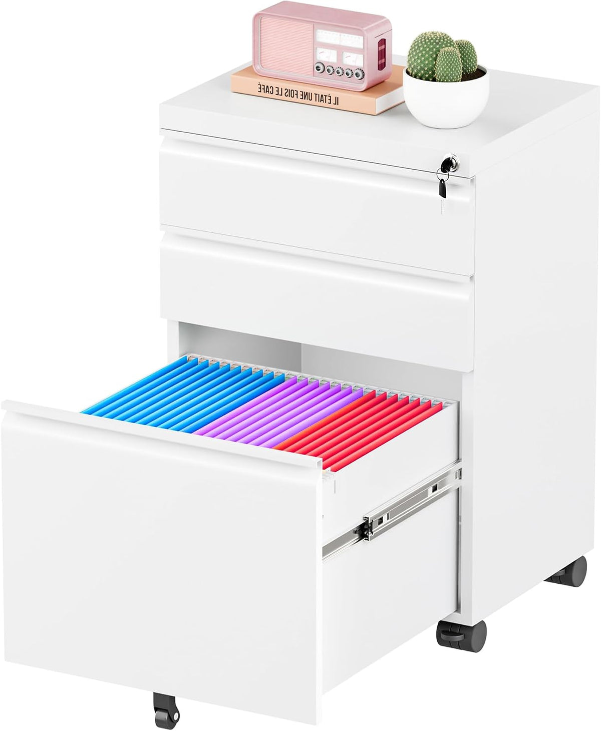 3 Drawer Mobile File Cabinet with Lock, Fully Assembled Rolling File Cabinet Except Casters, Under Desk File Cabinet