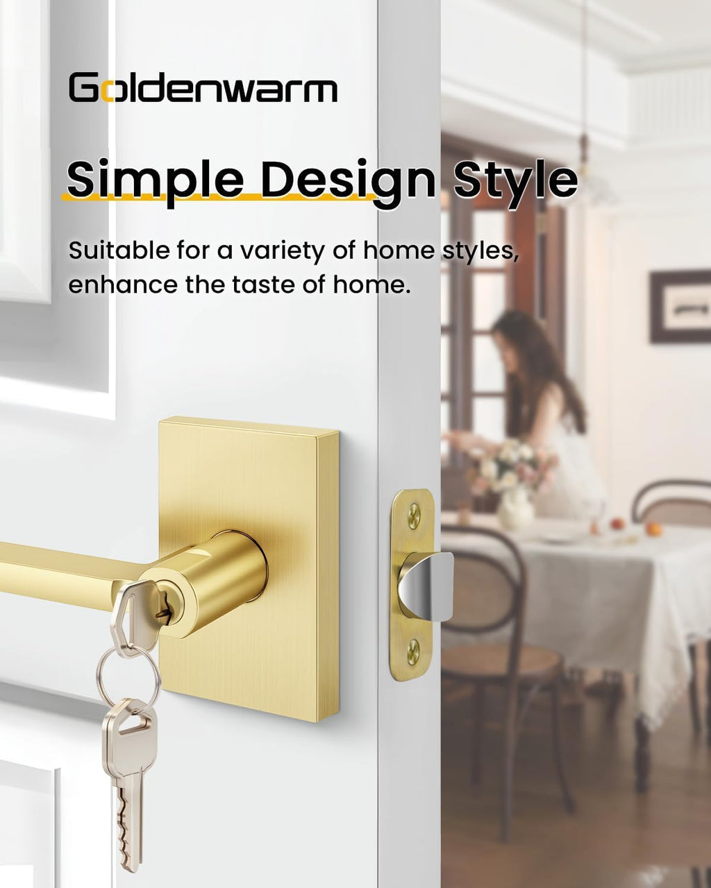 Brushed Gold Door Handle with Lock and Key, Square, 3 Pack