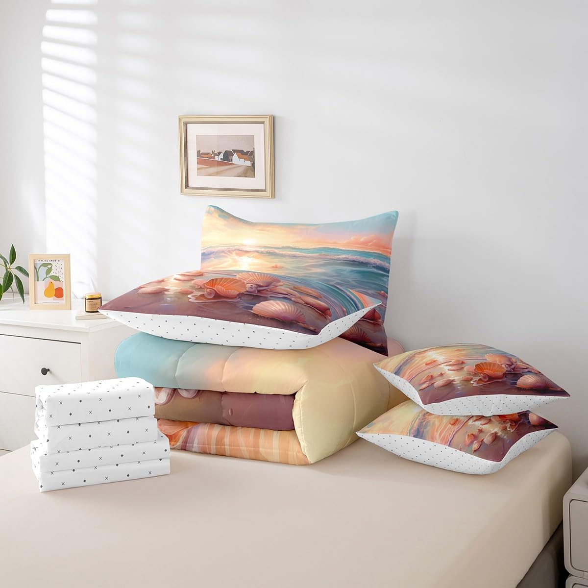 Ocean Bedding Sets 7-Piece Tropical Hawaii Comforter Set Hawaii Beach Comforter Set with Sheets Seashell Conch
