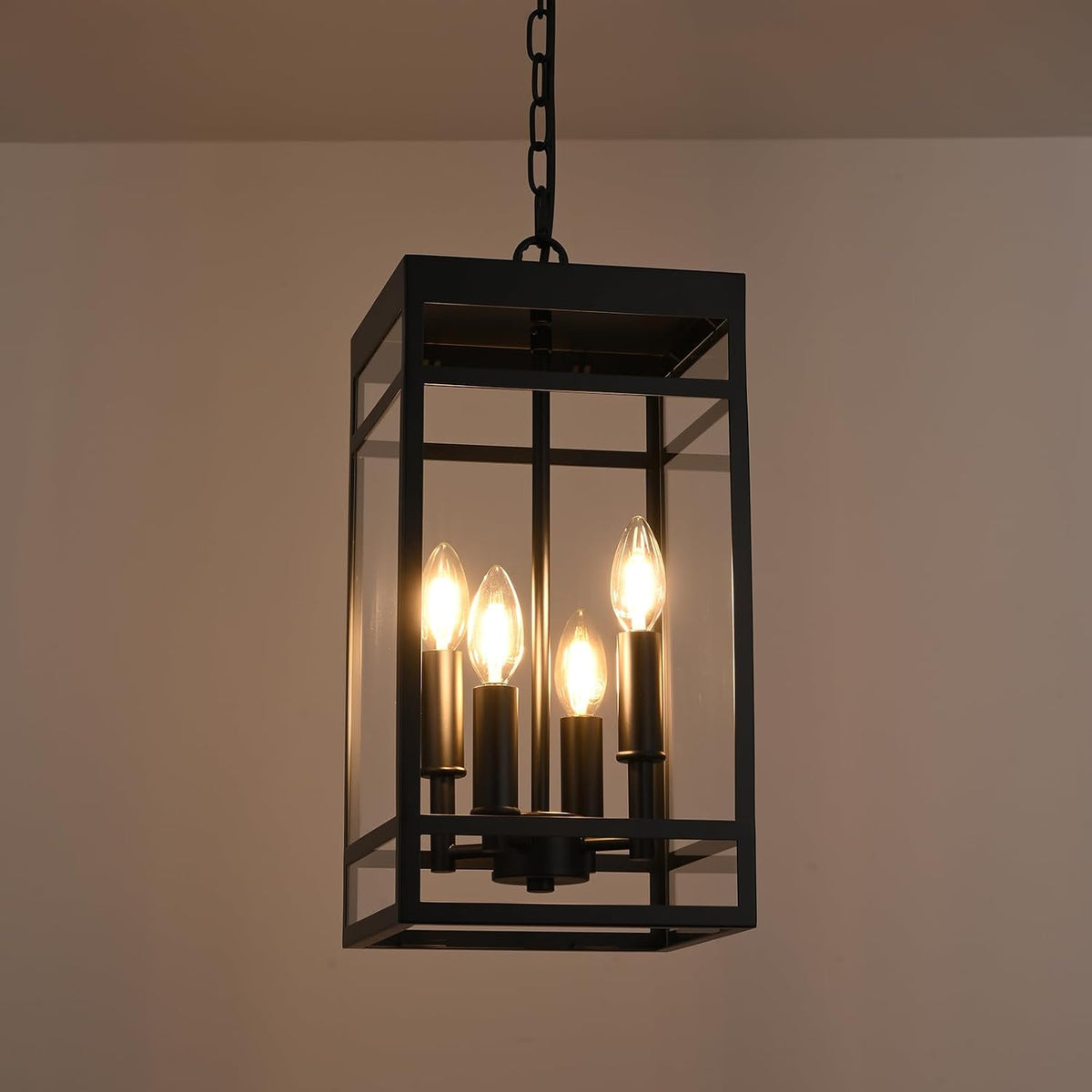 4-Lights Large Outdoor Pendant Light, Matte Black Exterior Hanging Lantern with Clear Glass