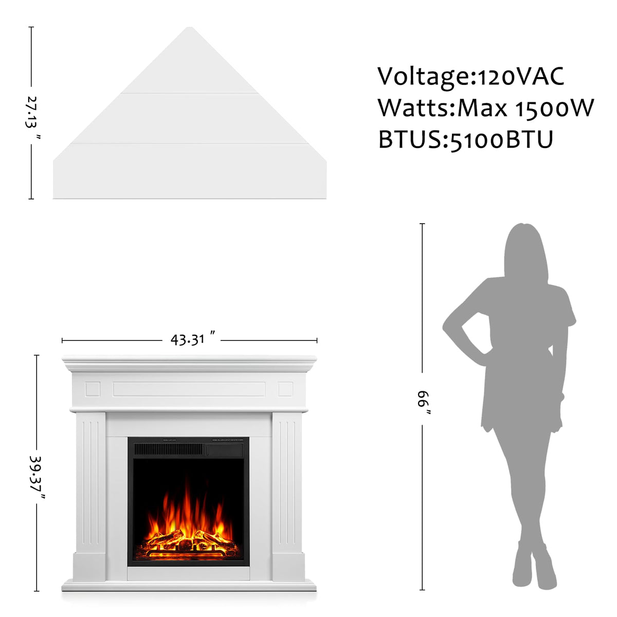 44" Corner Electric Fireplace with Mantel Package Freestanding Fireplace Heater Corner Firebox with Log & Remote