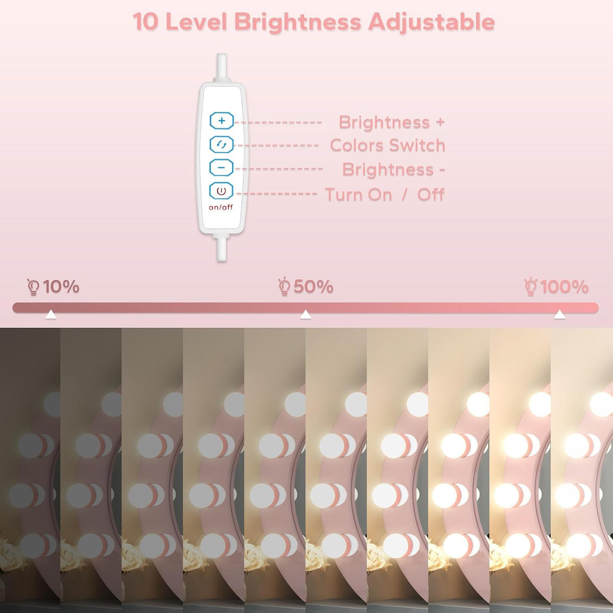 LED Vanity Lights For Mirror, Pink Vanity Light Stick on with 10 Bulbs