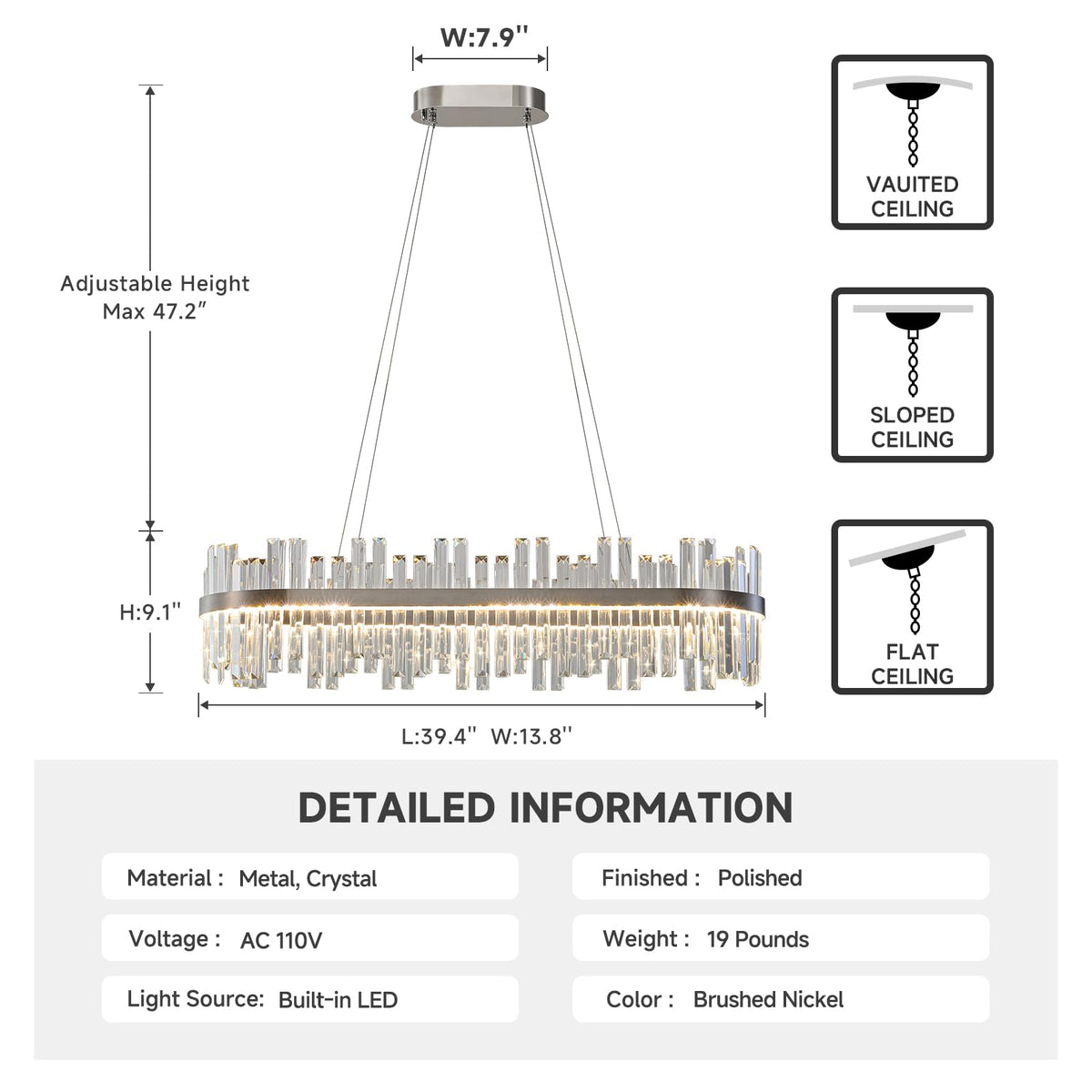 Nickel Led Modern Crystal Chandelier,Rectangle Chandeliers