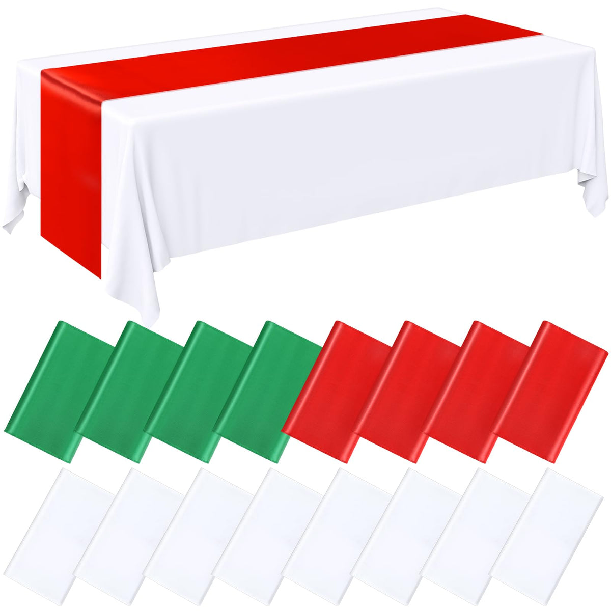 16 Pcs Christmas Red and Green Tablecloths Satin Table Runner Set