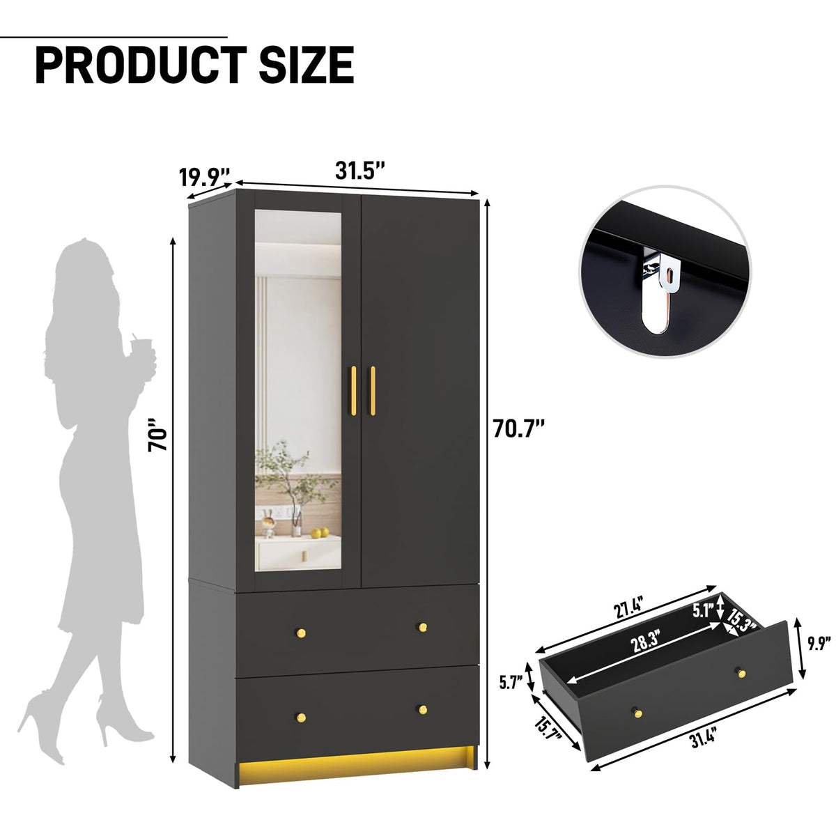 2 Door Wardrobe Closet with Mirrors and LED Lights, Small Bedroom Armoire with Drawers, Modern Wooden Armoire
