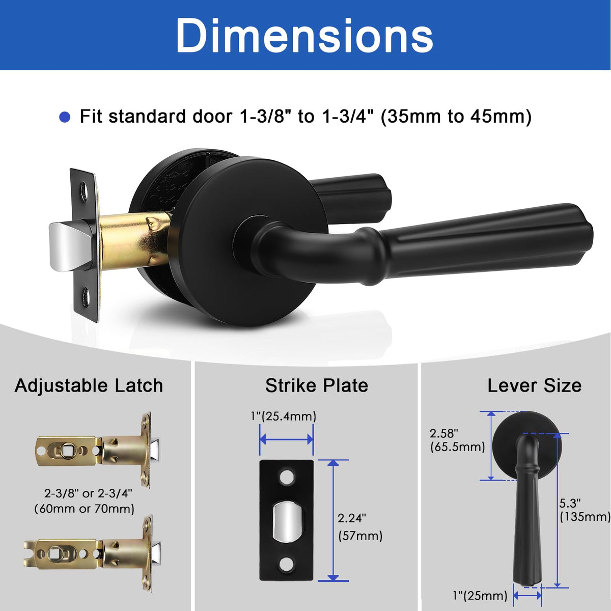 2 Pack Matte Black Passage Door Lever Interior Non-Locking Door Handle, Passage Door Lock for Closet and Hallway