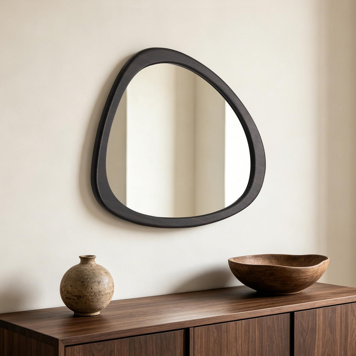 23 x 19 Asymmetrical Mirror, Irregular Wooden Wall Mirror - Mid-Century Modern Decorative Mirror, Solid Wood Frame