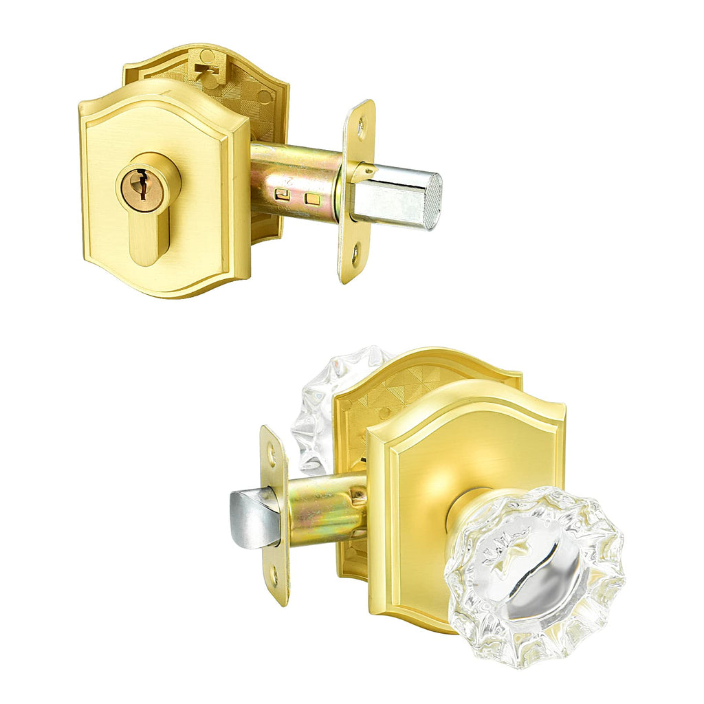 Crystal Glass Passage Door Knob and Single Cylinder Deadbolt Combo Set, Satin Brass Finish, Keyed Alike