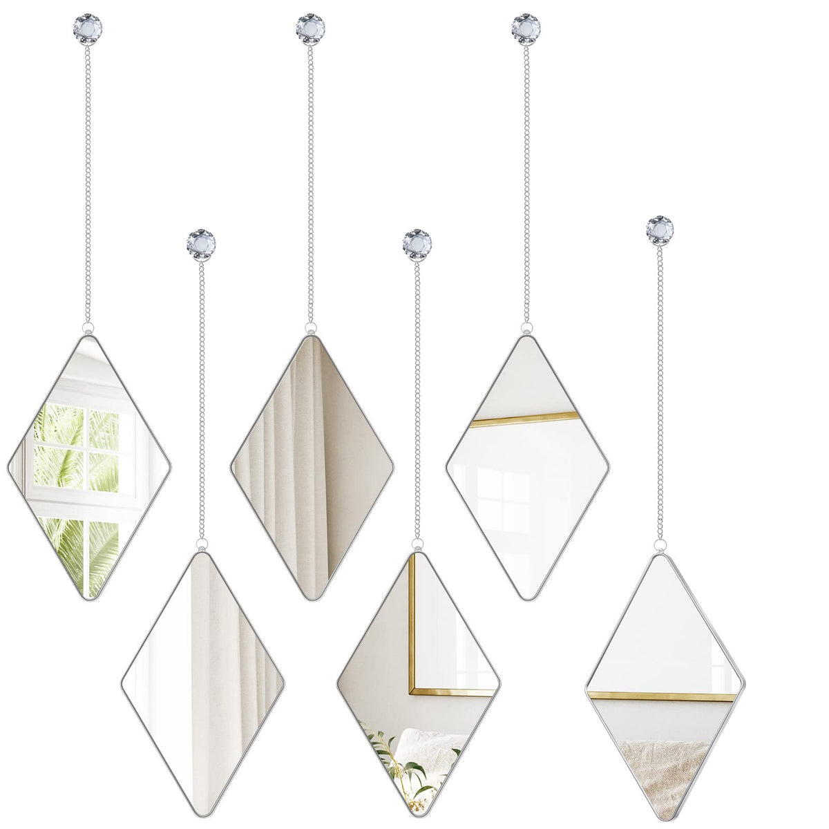 Diamond Wall Mirror Set with Hanging Diamond Handle Chain, Silver