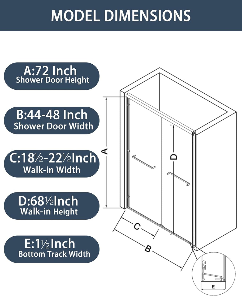 Sliding Shower Doors, 44-48 in W x 72 in H Glass Shower Door, 1/4 in(6mm) Tempered Glass