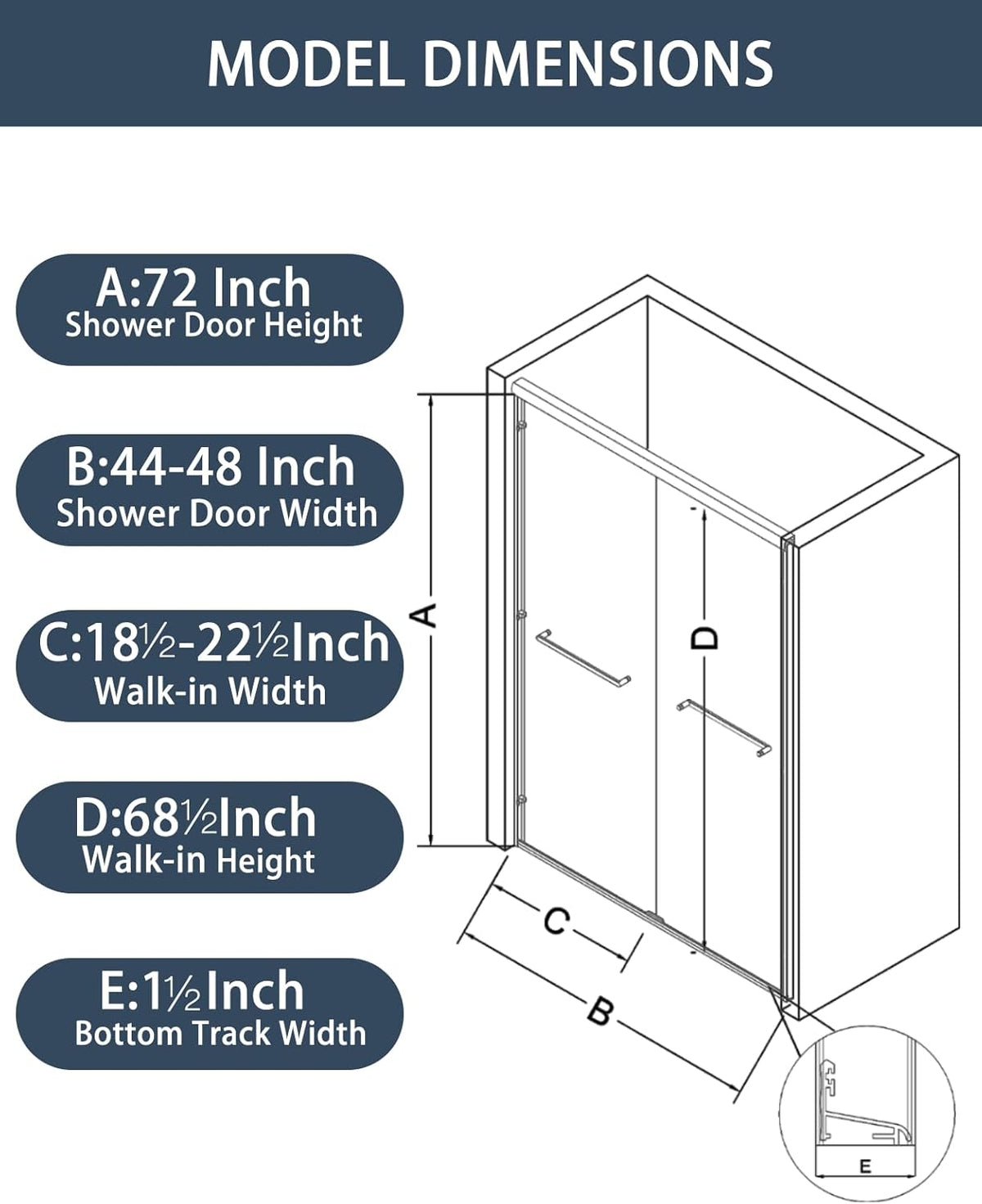 Sliding Shower Doors, 44-48 in W x 72 in H Glass Shower Door, 1/4 in(6mm) Tempered Glass