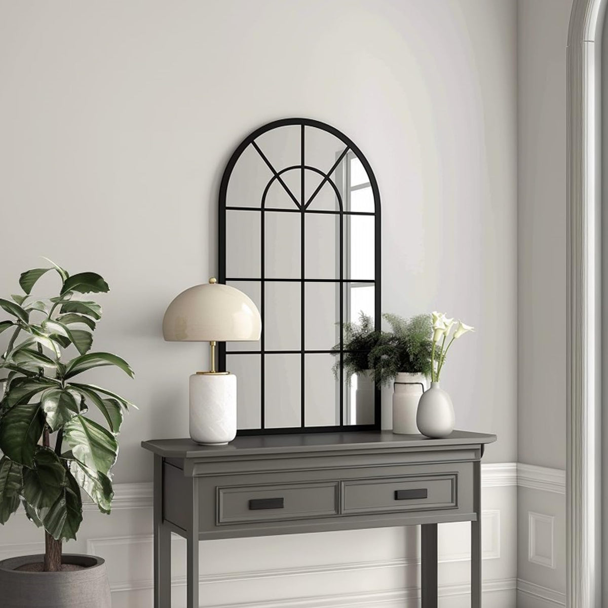 Arched Wall Mirror, 42"x24" Metal Frame Windowpane Mirror, Black