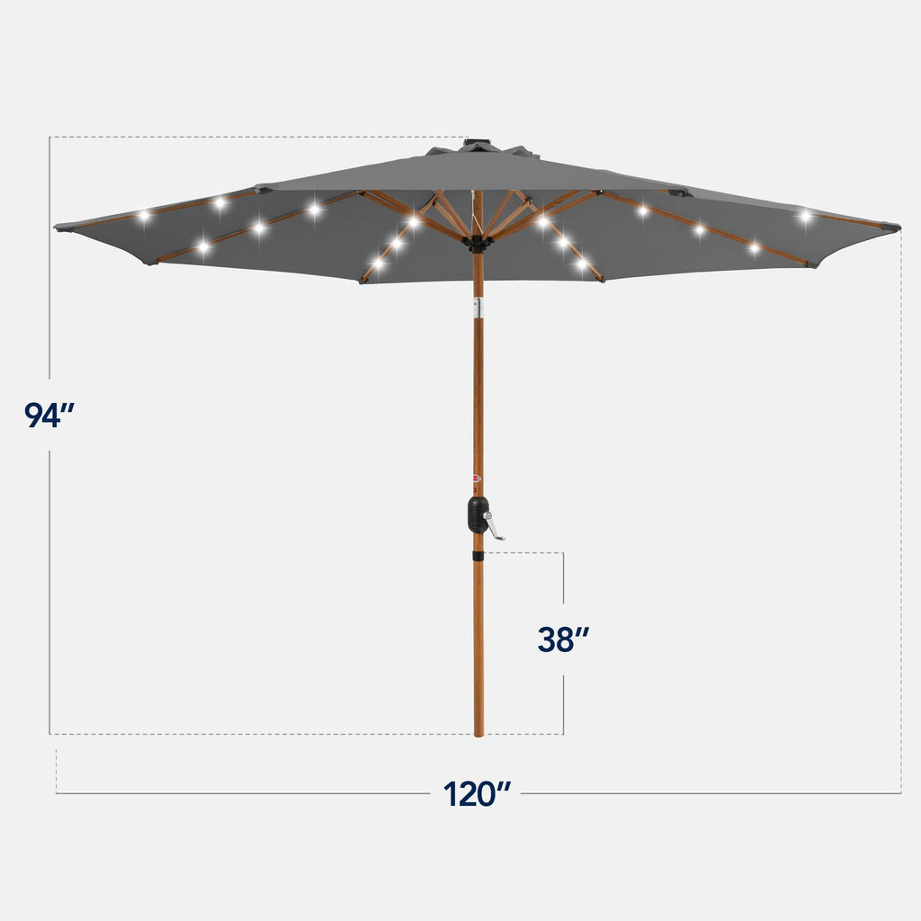 10ft Solar Market Patio Umbrella w/Woodgrain Pattern Pole, LED Lights, Tilt & Crank - Outdoor Sun Shade for Backyard
