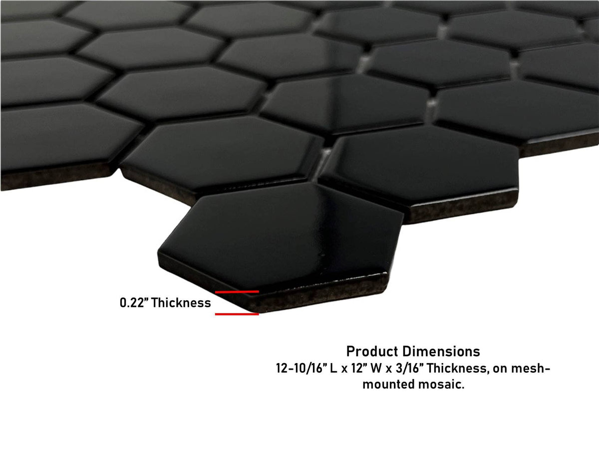 Hexagon 2 Inch Glossy Porcelain Floor Wall Mosaic Tile Shower, Kitchen Backsplashes, Accent Wall, Pool Tile (1, Black)