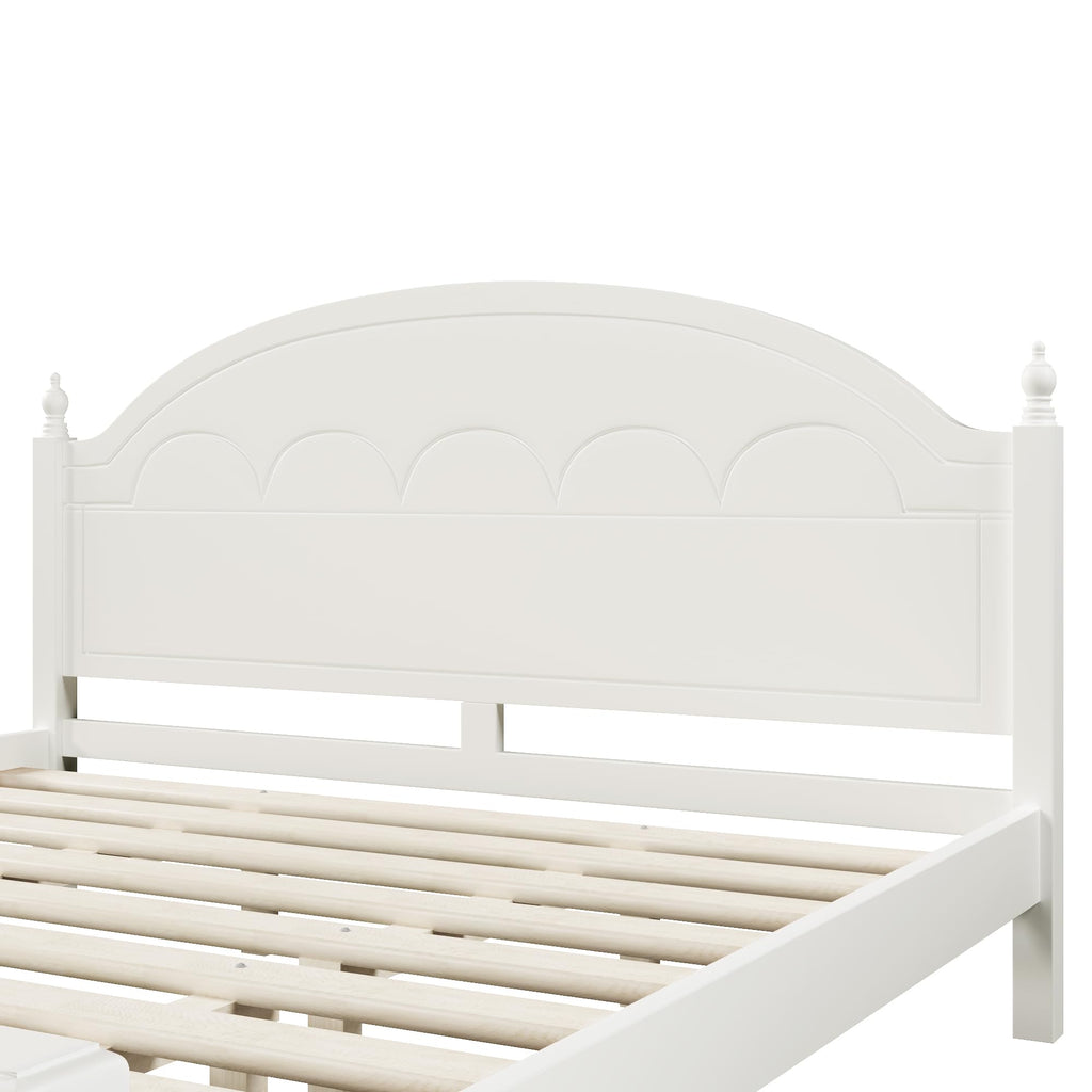 Wooden Bed Frames with White Headboard, Japanese Pine Wood Platform Bed, Rustic & Mid-Century Modern