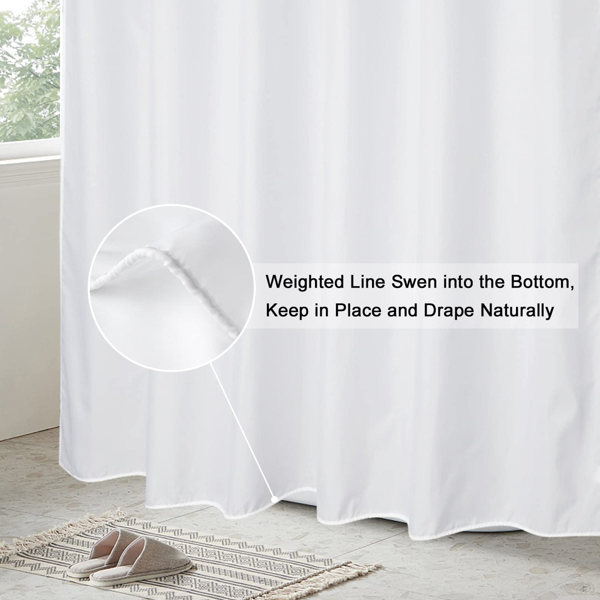 Shower Curtain Liner 72 x 80 inches Long, Water-Repellent Weighted Bottom Solid White Fabric Shower Curtain